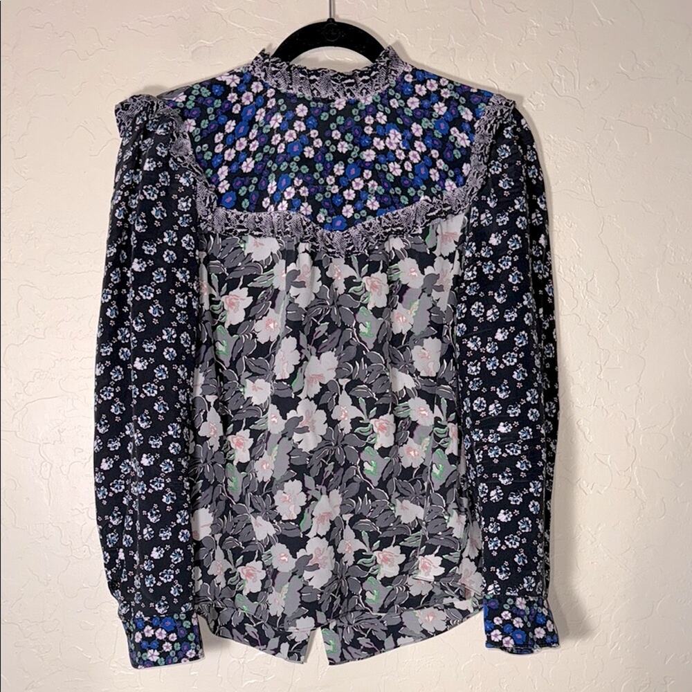 Rebecca Taylor 100% silk mixed media floral print high neck ruffle top size 12